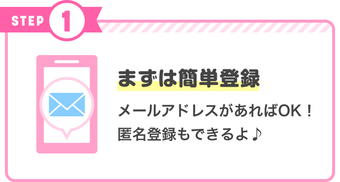 STEP1 まずは簡単登録 メールアドレスがあればOK! 匿名登録もできるよ♪